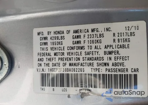 2011 Honda Accord 2.4 Lx из США, поврежденный, VIN 1HGCP2F38BA062265